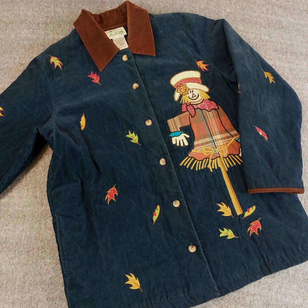 VTG Quacker Factory Corduroy Jacket Women's M Navy Fall Quilted Lined Scarecrow